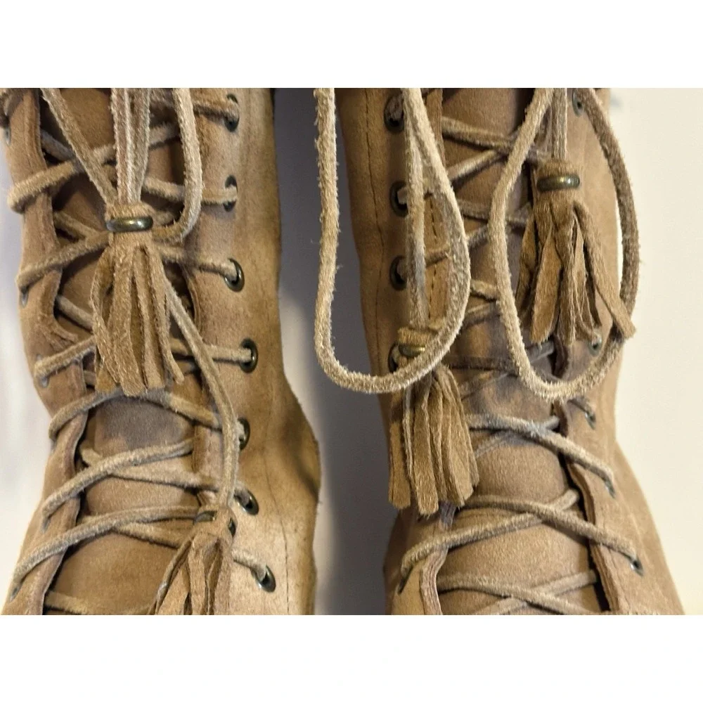 L L Bean Suede Leather Tan Tassel Fringe Sheepskin Lined Winter Boots Size 7‎ M